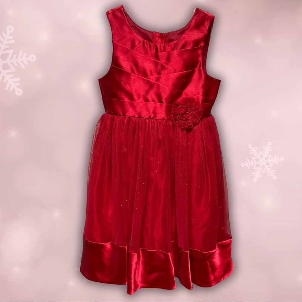 EmilyWest Young Girls Red Satin & Sparkle Tulle Party Dress Girls Size 7 - Picture 1 of 2